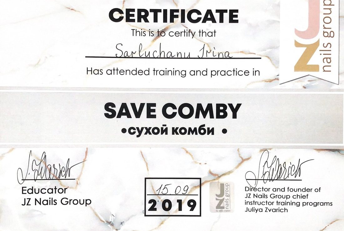 Сертифікат Save Comby, Ірина Сарлучану