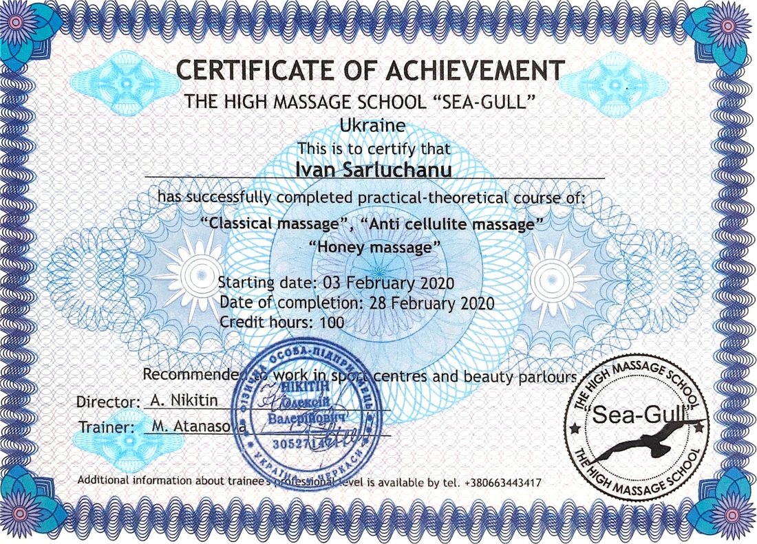 Certificate of Achievement, Sea-Gull massage school, Ivan Sarluchanu